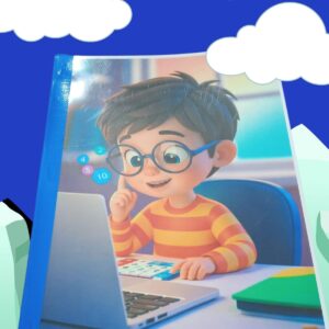 Illustration of a young boy using a laptop for interactive learning
